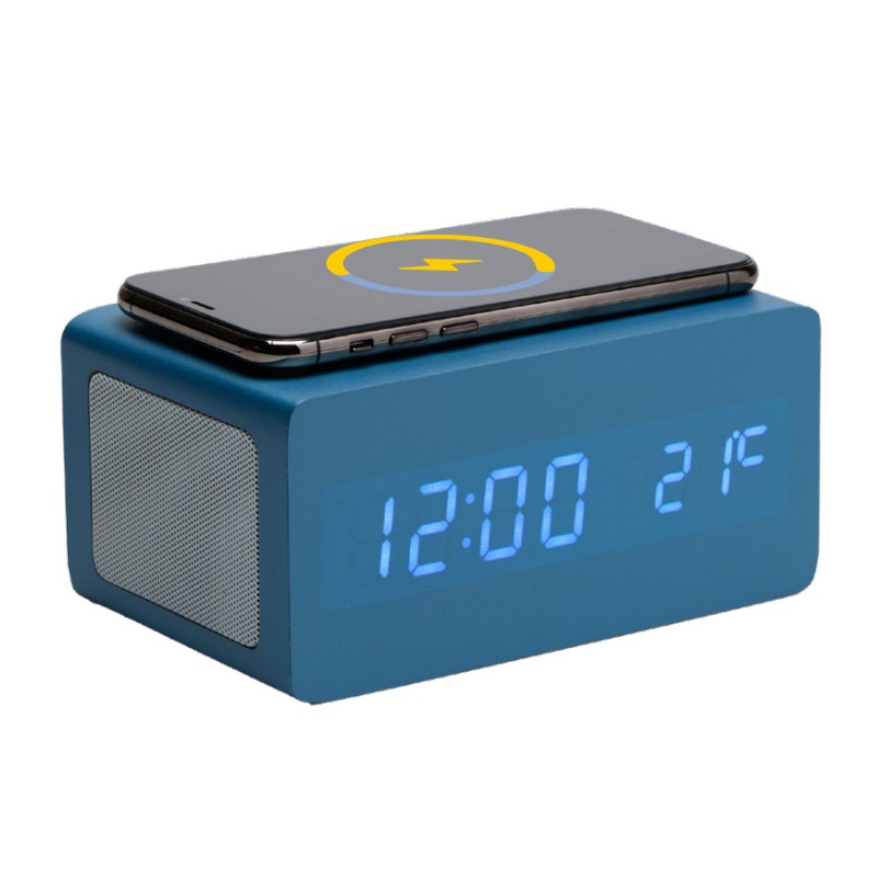 Orologio-sveglia digitale in legno blu con display LED, temperatura, ricarica cellulare wireless e speaker bluetooth - funzionamento con cavo USB incluso